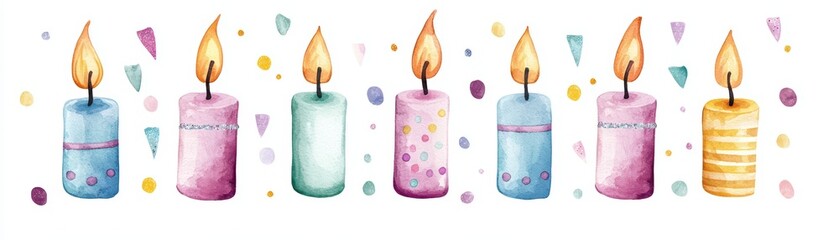 Colorful watercolor candles with flames and decorative elements