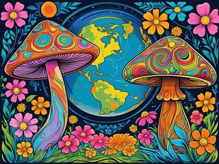 Set of vintage groovy characters and elements for poster of sticker design. Retro character, hippie 70s style, psychedelic mushroom, flowers, planet earth.