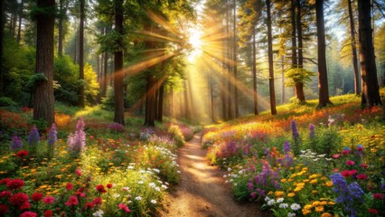 Obraz premium Sunlit Forest Path with Wildflowers
