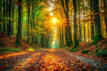 Obraz premium Sunlit Path Through Autumn Forest