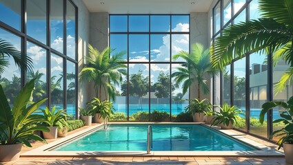 Fototapeta premium Indoor swimming pool with large windows and palm plants