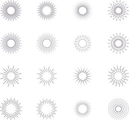 Vintage sunburst set. Bursting rays sunrise firework starburst blast, Radiant Spark. Rays. Geometric Design Elements. Retro radiant sunburst, starburst hand drawn label, sun rays.
