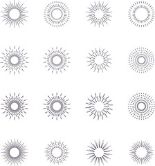 Vintage sunburst set. Bursting rays sunrise firework starburst blast, Radiant Spark. Rays. Geometric Design Elements. Retro radiant sunburst, starburst hand drawn label, sun rays.