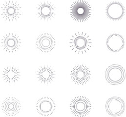 Vintage sunburst set. Bursting rays sunrise firework starburst blast, Radiant Spark. Rays. Geometric Design Elements. Retro radiant sunburst, starburst hand drawn label, sun rays.