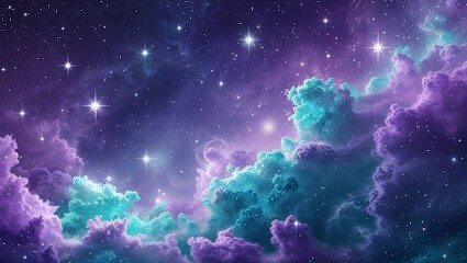 Fototapeta premium Lavender and turquoise nebula like texture with glimmering stars scattered throughout