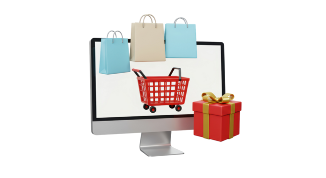 Isolated Online Shopping Composition with Computer Monitor, Shopping Cart, Bags and Gift Box