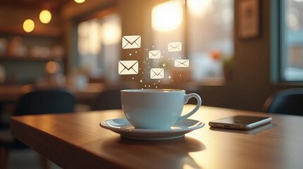 A cozy café table scene featuring a cup of coffee and a smartphone receiving multiple email alert icons floating above the screen