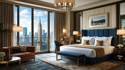 Luxury hotel suite with a city view