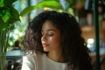 Obraz premium Young woman with curly hair enjoys quiet moment in a vibrant cafe surrounded by greenery