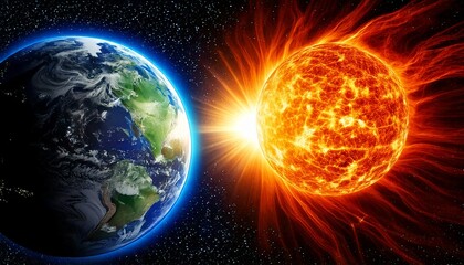 A striking image of Earth and Sun in space, with Earth positioned on the left.