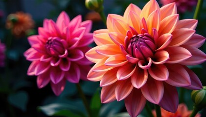 Obraz premium Intricate dahlia blooms, vibrant hues, lush petals, yellow, red