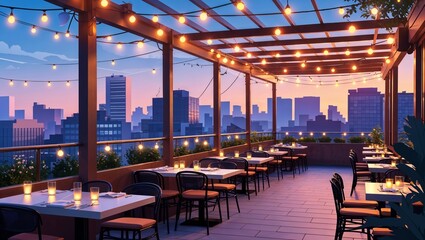 Fototapeta premium Open air rooftop restaurant under string lights