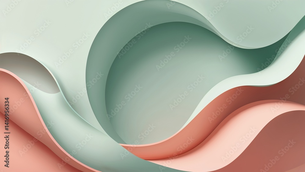 Wall mural pale mint with a touch of light coral merging in smooth gentle arcs creating a tranquil scene