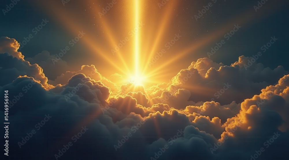 Poster A stunning sunrise breaks through clouds, illuminating the sky with golden rays, creating a serene and uplifting atmosphere.
