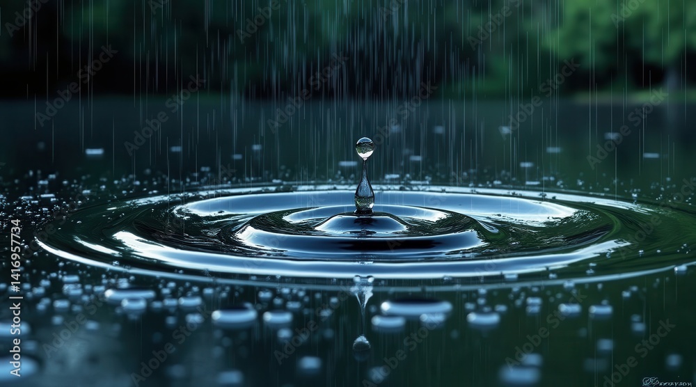 Poster a close-up of a water droplet creating ripples on a calm surface, surrounded by falling rain, showca