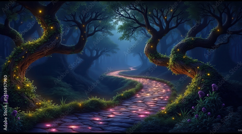 Poster A mystical pathway through enchanting trees, illuminated by soft lights, creating a serene and magical atmosphere in the forest.