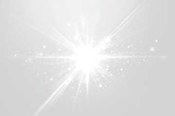 A white light explosion with glowing particles and beams on a white background