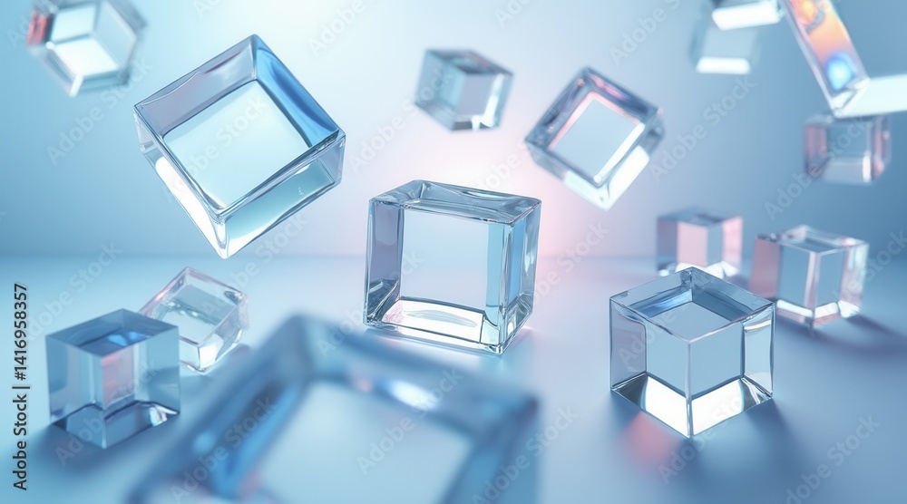 Poster a mesmerizing arrangement of floating, transparent ice cubes reflecting soft blue light against a sm