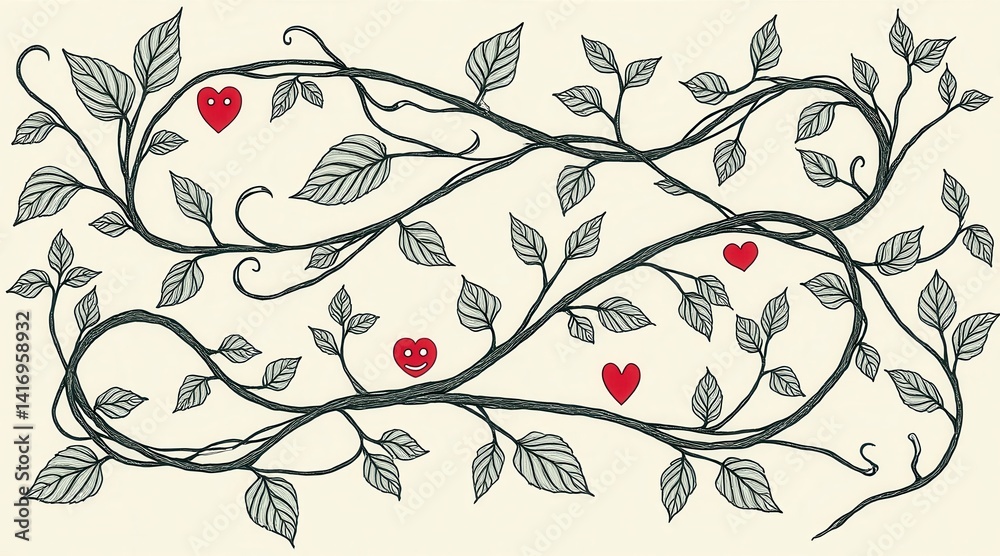 Poster A whimsical design featuring intertwining vines with green leaves and red hearts, creating a romantic and playful atmosphere.