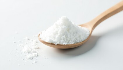 Spoonful of white sugar against white backdrop, white, grains, macro