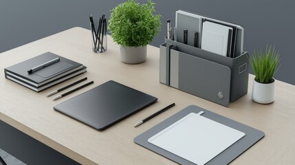 Organized office accessories with tablet and plants on desk