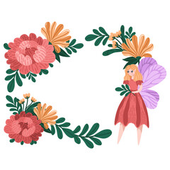 Rustic floral arrangement in cartoon vector style. Peony, daisy, and fairy in soft warm tones. Decorative flower wreath for cards, decorations or packaging. Ideal for wedding and floral design