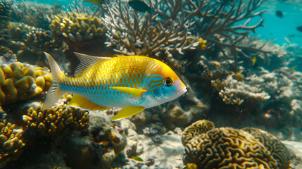 Obraz premium A vibrant fish swimming near coral reefs in clear blue waters of the ocean environment underwater