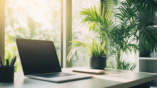 Home office desk with laptop and potted palm in sunlight