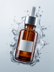 A brown transparent bottle of essential oils with minimalist white empty label, suspended mid-air, surrounded by clear splashing water. Shot against a clean white background with frozen motion effect.