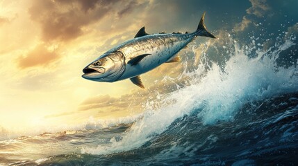 Obraz premium Majestic fish leap, ocean splash against sky, vibrant hues in aquatic art