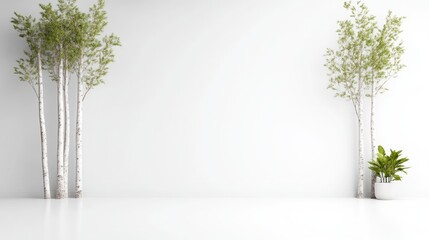 Obraz premium Minimalist interior design with birch trees and plants. Empty white room, modern aesthetic, serene and peaceful
