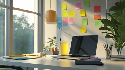 Modern office with laptop and colorful sticky notes by window