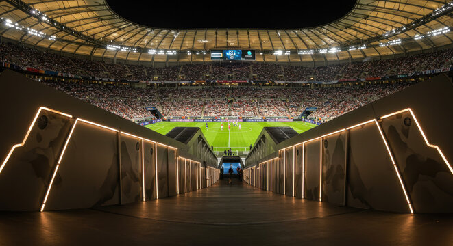 The entrance tunnel leading to illuminated universal stadium with green grass and full of fans.