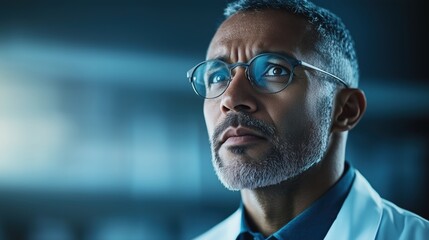 Fototapeta premium Professional male scientist analyzing data in a modern laboratory during evening hours