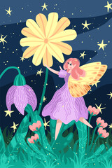Cute elf girl flying in starlit flower garden. Flat illustration of fairy with magical plants. Night fantasy scene for storybook or greeting card. Ideal for whimsical packaging, and story books