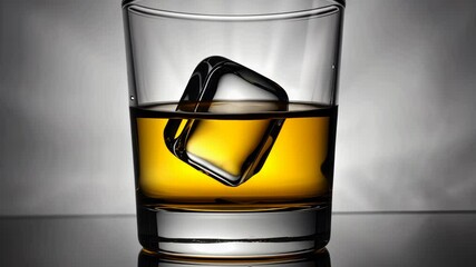 Elegant glass of amber liquid with a single ice cube, beautifully backlit, perfect for advertisements, menus, or promotional materials. - Powered by Adobe