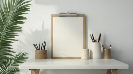 Tropical home office with clipboard and sunlight on white desk