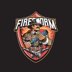 Vector Illustration of Firefighter Carrying Fire Hoses with Vintage Retro Illustration Available for Logo Badge