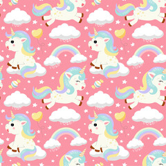 unicorn baby seamless pattern, magical birthday  cute cover, background, wallpaper, print, textile, ornament, fabric, clothing, wrapping paper, decor, vector 