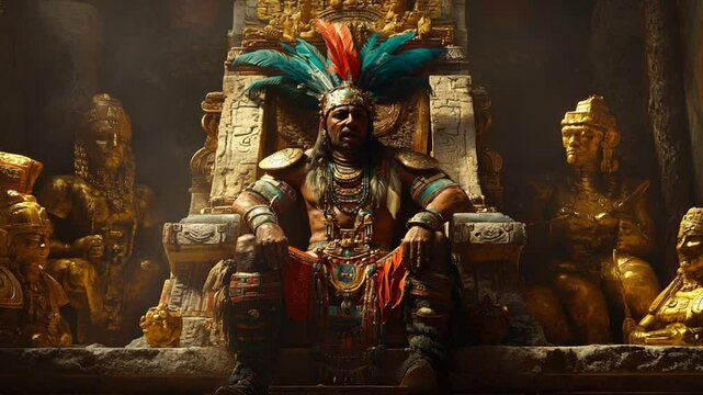 Majestic Mayan Ruler Seated on Ancient Throne with Ornate Gold Artifacts Background