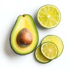 Halved Avocado and Lime Slices on White Background