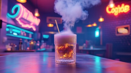 Fototapeta premium Smoky Cocktail in Neon Lit Bar