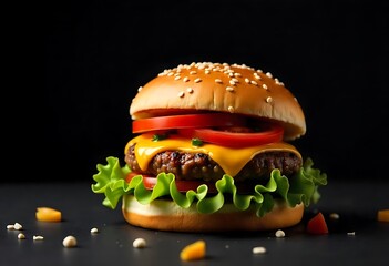 Burger with flying elements. Delicious burger with flying ingredients isolated on black background. Flying Burger Slices