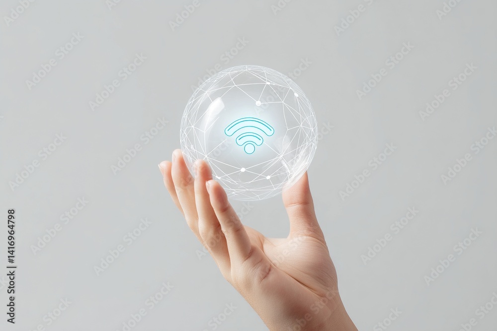 Canvas Prints hand holding a digital sphere with a glowing wifi icon on a light gray backdrop