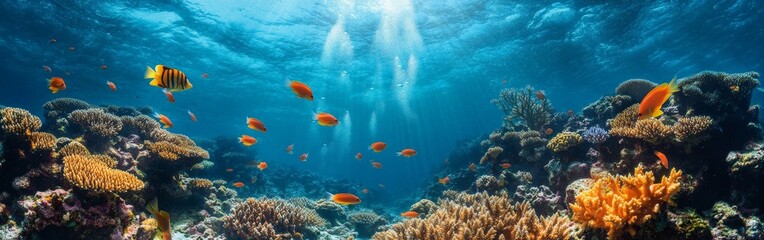 Fototapeta premium Vibrant Coral Reef Underwater with Fish Swimming in Clear Blue Ocean Water, Beautiful Marine Life Scene