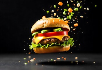 Burger with flying elements. Delicious burger with flying ingredients isolated on black background. Flying Burger Slices