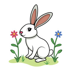 Cute white cartoon bunny rabbit with flowers sitting on grass illustration for kids spring animal tshirt design