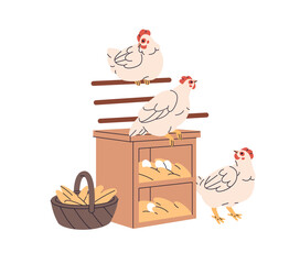 Mother hens hatch eggs in coop. Domestic bird, poultry has a rest in chicken house. Fowl, farm animals relax in ranch, village, countryside. Flat isolated vector illustration on white background © Paper Trident