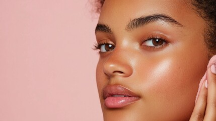 Fototapeta premium Close-Up Portrait of a Glamorous Young Woman with Glowing Skin Against a Pink Background
