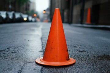 Orange safety cone on wet urban street in cityscape